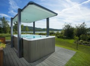 view of a swim spa surrounded by grass